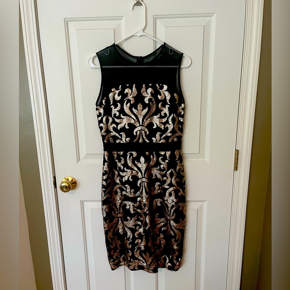 Gorgeous Evening Dress with Gold Sequin Design and Ribbon Belt Detail